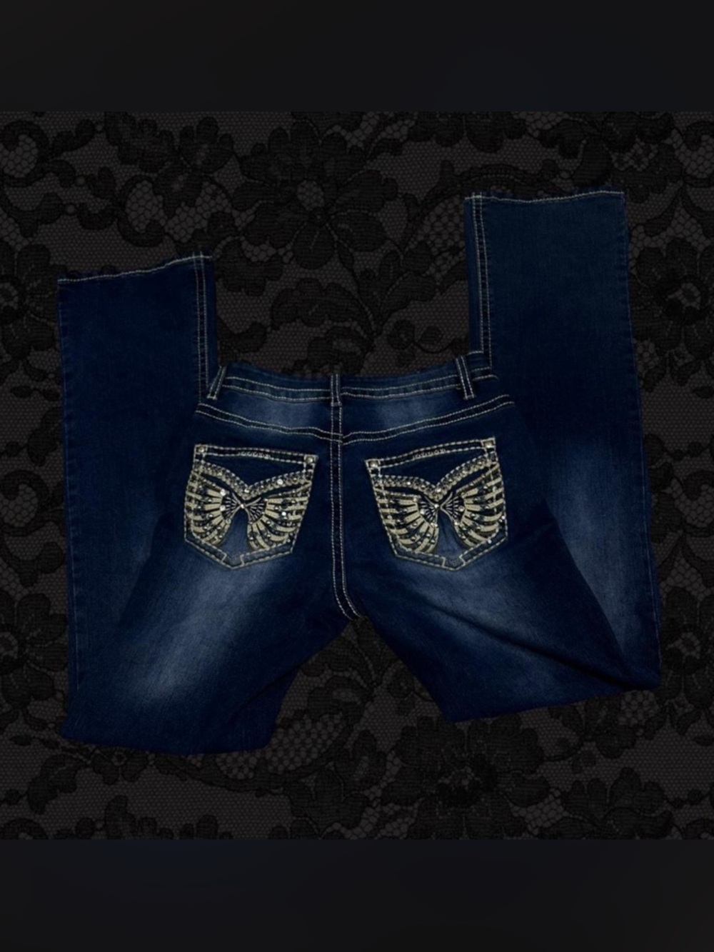 Women’s Dark Blue Boot Cut Jeans with Embellished Back Pockets